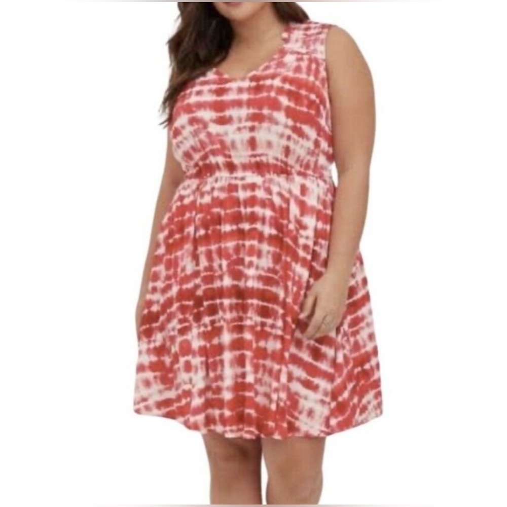 Torrid Sleeveless Smocked‎ Back Skater Fit Flare dress red and white tie dye